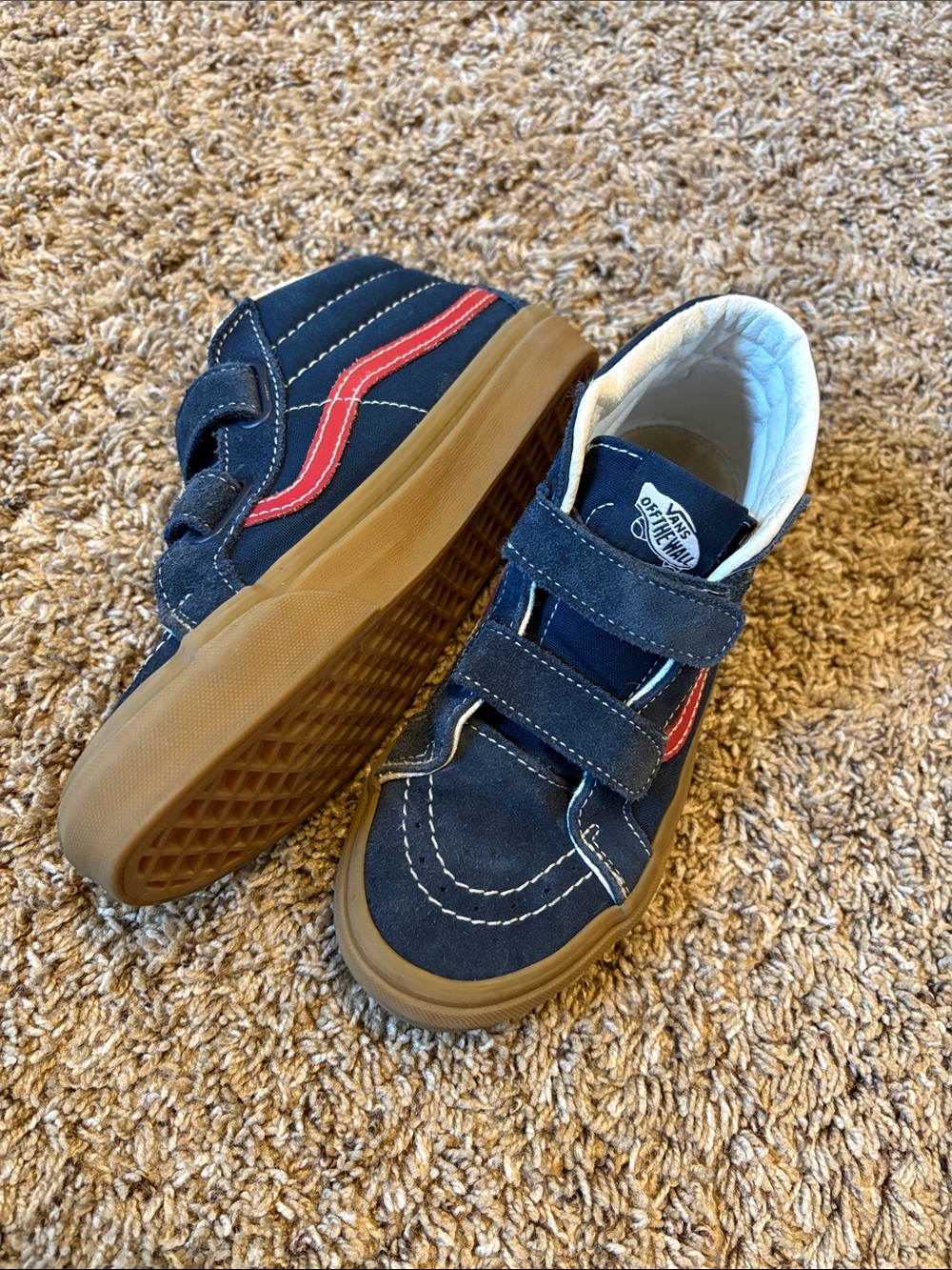 Vans Kids Navy Sneakers with Red Stripe and Gum Sole